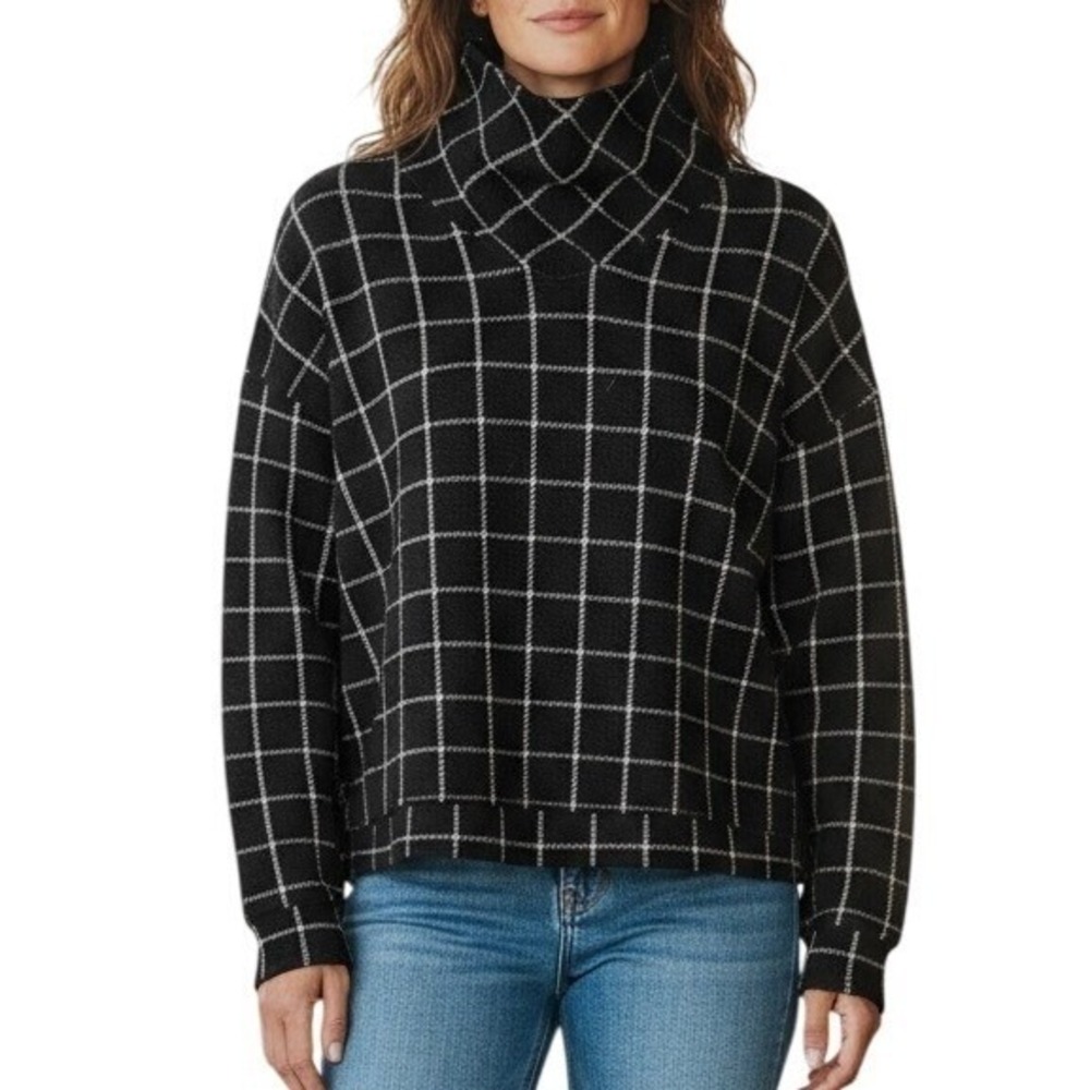 Madewell Textured Black Grid Plaid L/S Pullover Turtleneck Top EUC XS